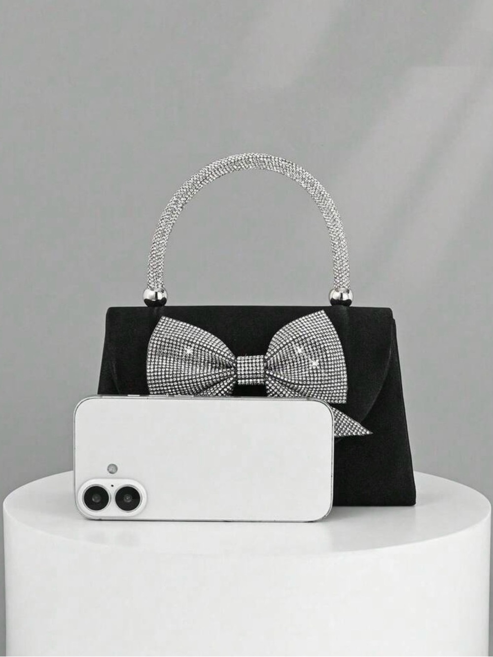 Black Crystal Bow Top-Handle Clutch - Picture 6 of 7